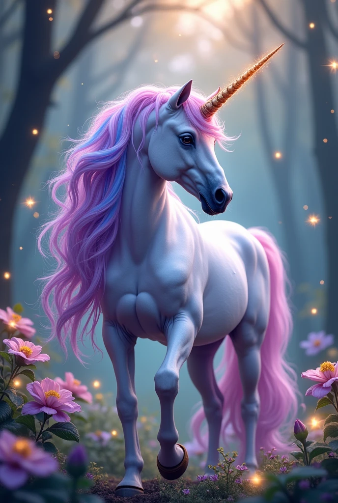 Unicorn with lilac hair with pink and blue