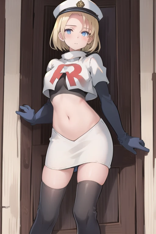 best quality, (masterpiece:1.2), illustration, absurdres, (1girl, solo, beautiful detailed girl),
 Theresia Caroline, short hair, blonde hair, blue eyes, medium breasts,
garrison cap, team rocket,team rocket uniform,white skirt,red letter R,crop top,black thigh-highs,black elbow gloves,
looking at viewer,