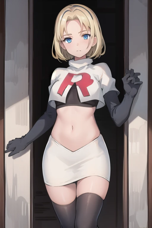 best quality, (masterpiece:1.2), illustration, absurdres, (1girl, solo, beautiful detailed girl),
 Theresia Caroline, short hair, blonde hair, blue eyes, medium breasts,
garrison cap, team rocket,team rocket uniform,white skirt,red letter R,crop top,black thigh-highs,black elbow gloves,
looking at viewer,