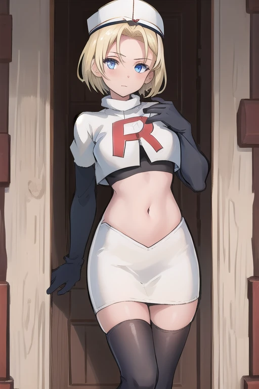 best quality, (masterpiece:1.2), illustration, absurdres, (1girl, solo, beautiful detailed girl),
 Theresia Caroline, short hair, blonde hair, blue eyes, medium breasts,
garrison cap, team rocket,team rocket uniform,white skirt,red letter R,crop top,black thigh-highs,black elbow gloves,
looking at viewer,