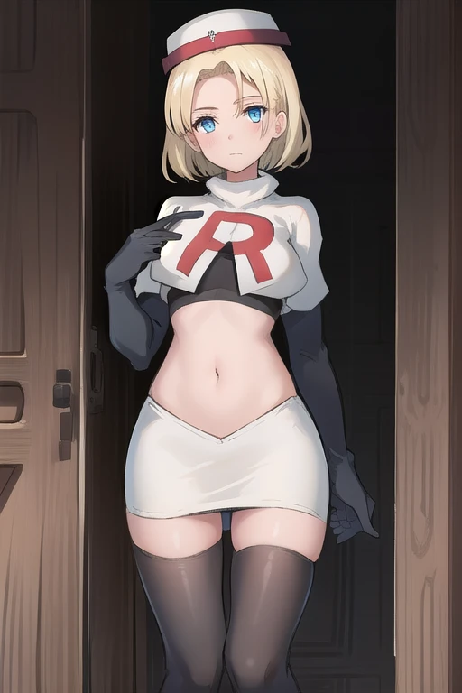 best quality, (masterpiece:1.2), illustration, absurdres, (1girl, solo, beautiful detailed girl),
 Theresia Caroline, short hair, blonde hair, blue eyes, medium breasts,
garrison cap, team rocket,team rocket uniform,white skirt,red letter R,crop top,black thigh-highs,black elbow gloves,
looking at viewer,