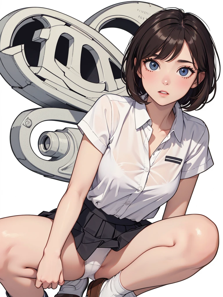 (((masterpiece, best quality, ultra highres, 1 girl, solo, white background))), super detailed skin and face and eyes and finger, cute japanese woman, small breasts, skinny, light brown hair, very short pixie hair, knee shot, white background, 2D anime, boyish, expressionless, cartoon,  Various poses, Please draw the entire character within the frame, ensuring that the head, arms and legs are not cut off, with the character positioned centrally, expressionless, nipples, female genitals visible through tight clothing, Sheer clothes, natural shadows, focus on face, brown and detailed eyes, parted lips,Shiny skin, thick thighs, white panties, serrap, pleated skirt, loafers, black socks, crouching,anatomically correct, spread legs, 