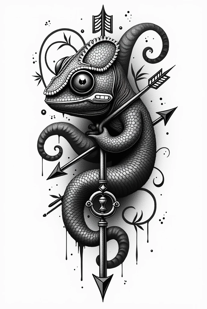 Tattoo design with a black and white chameleon with dynamic shapes, arrows, keys