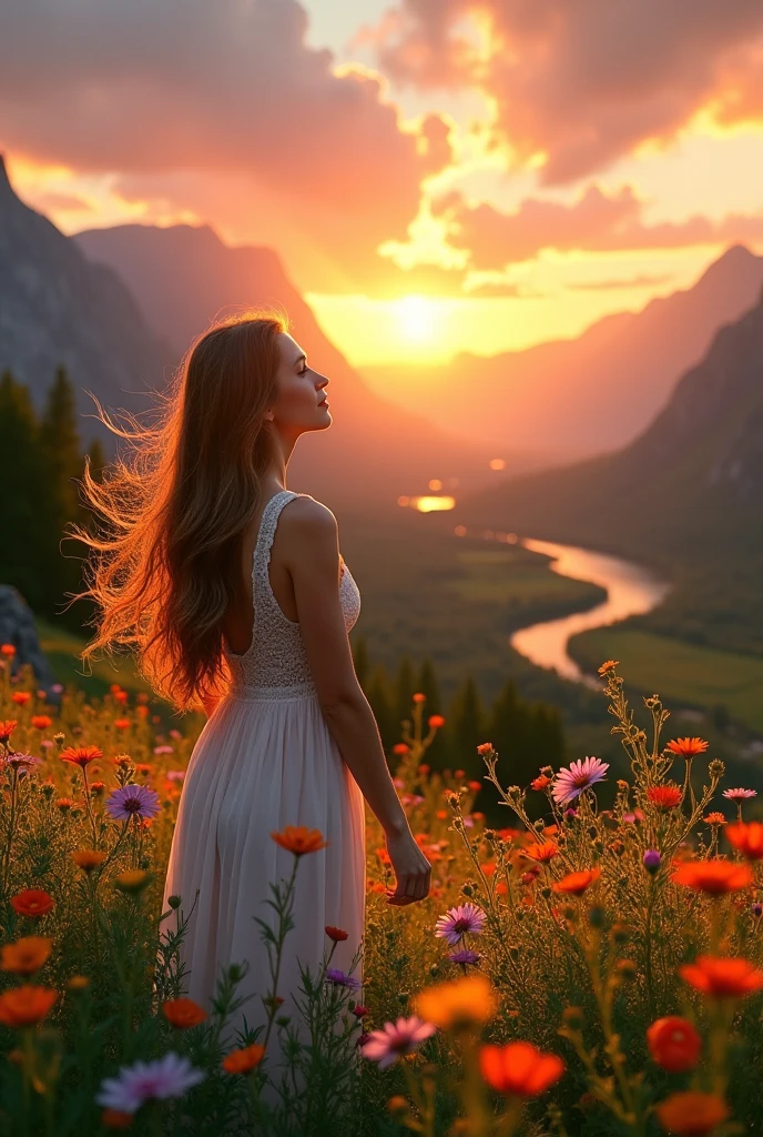 create a woman in a beautiful landscape looking up with hope, photo realist, perfect quality