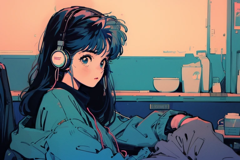 praise,Elevated Girl,lo-fi art style,anime aesthetic,Lo-Fi Illustration,relaxed mood,A room with a lived-in feel,Drinking coffee and listening to music with headphones,line art,night vision,rear view