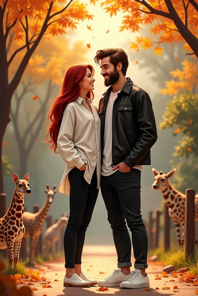 Disney 3D couple in autumn at the zoo!
The woman wears a fat white shirt with black pants!
White shoes on his feet! Bag in hand !
He has green eyes, She has dark red luscious long hair!
Male appearance!!!
He has brown hair, brown eyes, and a thick brown beard ,He is wearing a black leather jacket ,black falmer pants and white shoes!