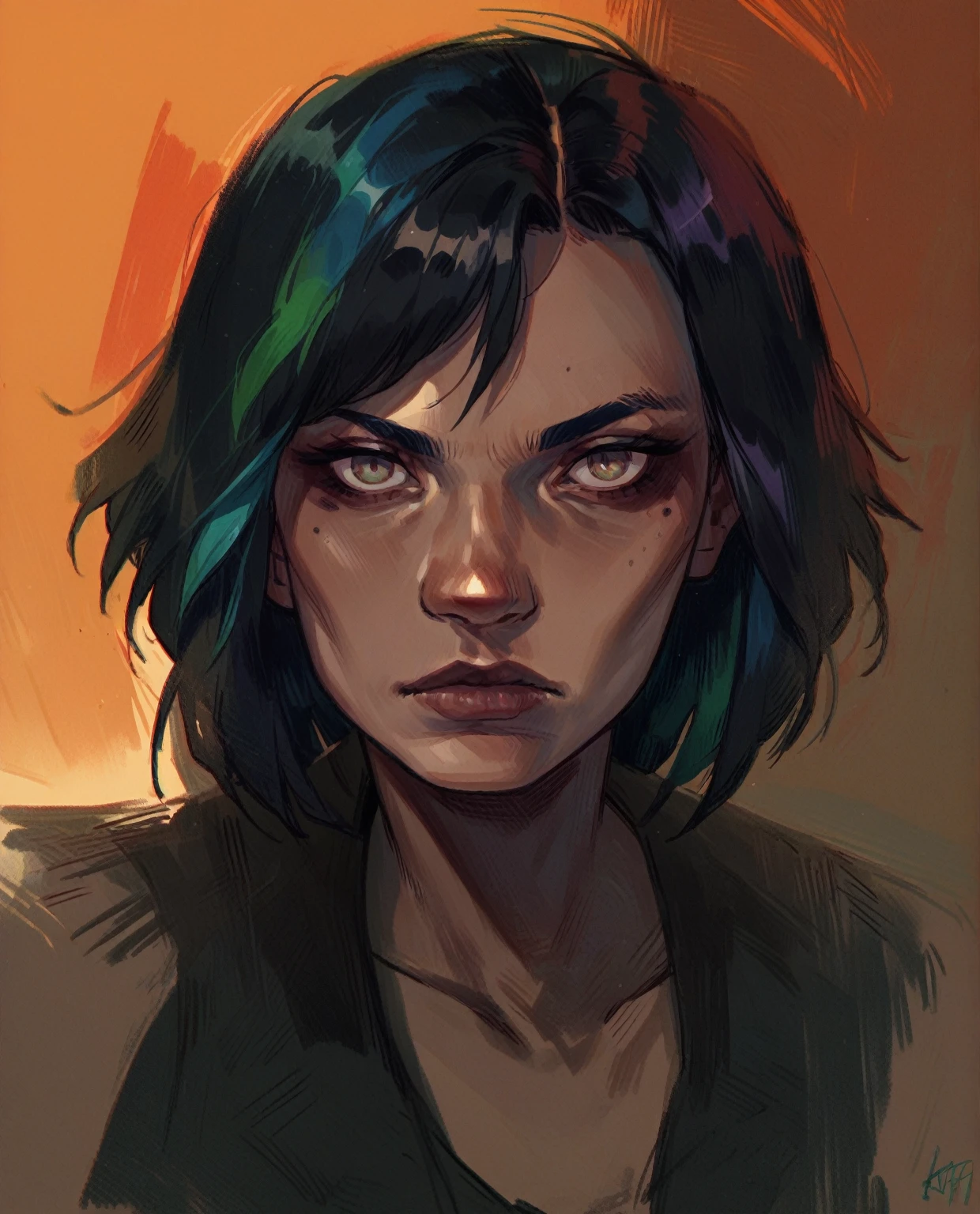 score_9, score_8_up, score_7_up, score_6_up, score_5_up, score_4_up, T0n1, 1girl, colorful, short hair, dark makeup , human, long hair
