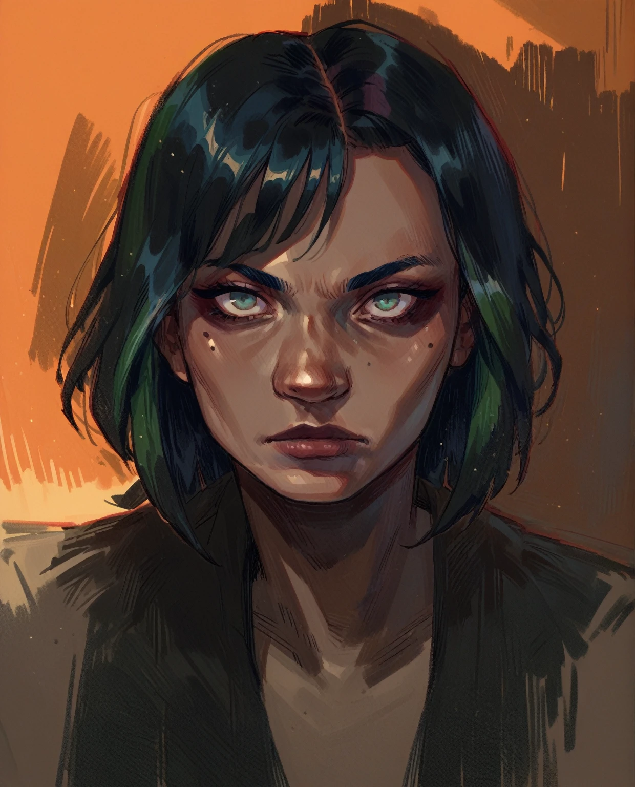 score_9, score_8_up, score_7_up, score_6_up, score_5_up, score_4_up, T0n1, 1girl, colorful, short hair, dark makeup , human, long hair