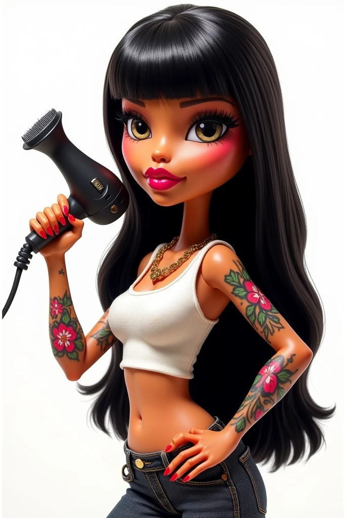 Tan-skinned Bratz girl with tattoos on her arms. Thick red lips, black almond-shaped eyes with lots of big eyelashes and a mole on her right cheek. Long straight black shiny hair. Profile view looking forward with white background and in her hand she has a hair dryer and comb. Long red nails. Mid-abdomen and a white tank top, round face, rings on fingers