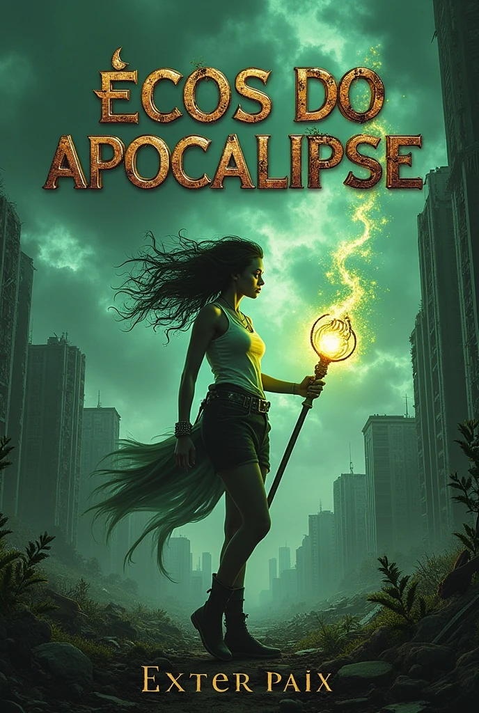 A book cover for a post-apocalyptic novel titled 'Ecos do Apocalipse'. The background features a city in ruins, with crumbling buildings and debris scattered across a desolate landscape. In the foreground, a young woman with determined eyes and messy hair, wearing a mix of tactical gear and mystical elements, stands ready for battle. She is holding a staff glowing with magical energy in one hand, and a futuristic device in the other. Dark storm clouds gather above, with a faint, eerie greenish glow hinting at the presence of magic. The title 'Ecos do Apocalipse' is written in bold, metallic letters with a distressed texture, and the author's name is placed below in a more subdued font.