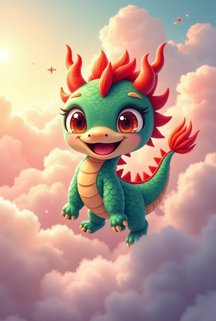 Create a Chinese dragon, in chibi style, flying, transforming.