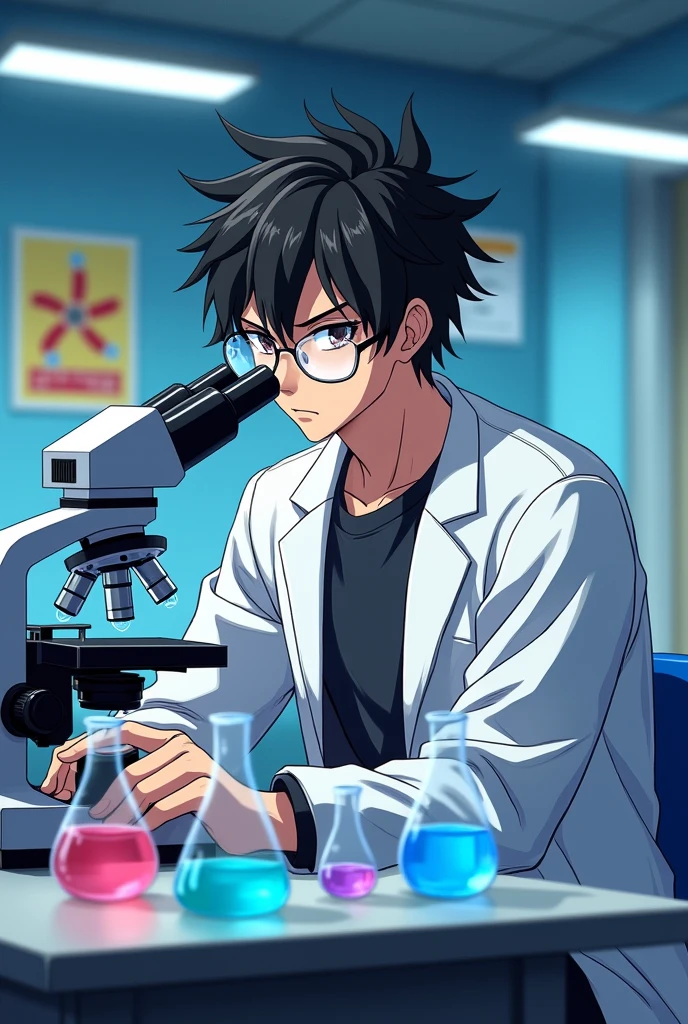 Anime handsome,animated beautiful boy,Glasses,Science,Cold,science,indifferent,student,Science教室,Research equipment,Microscope,Flask
