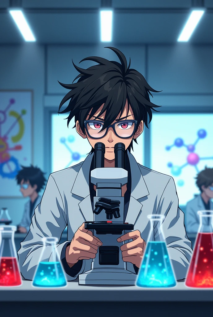 Anime handsome，animated beautiful boy，Glasses，Science，Cold，science，indifferent，student，Science教室，Research equipment，Microscope，Flask