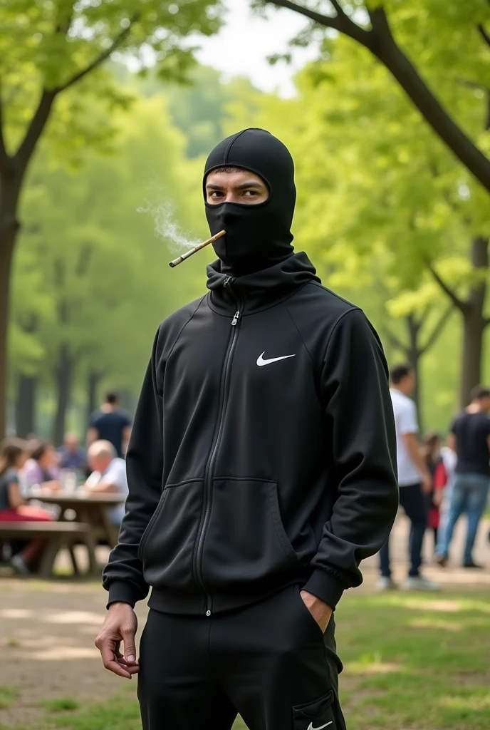 a picture in a park where a dangerous-looking man with a balaclava and a joint in his mouth, the man is wearing a Nike tracksuit, and a fanny pack he wears a deep cap in the Family Guy style