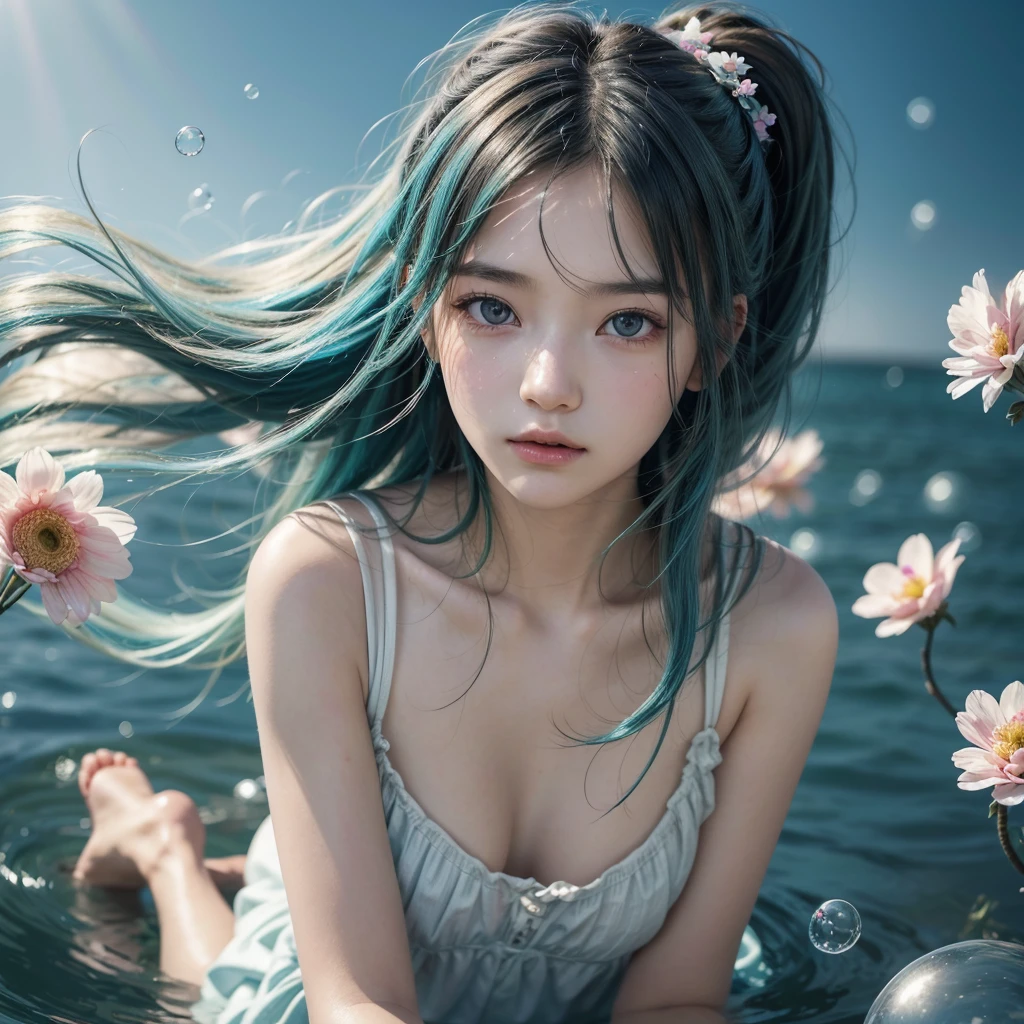 (masterpiece), (best quality), (ultra detailed),(disheveled hair),(illustration), (1girl), (Fashionable clothing), standing, Fashion model, looking at viewer, (interview), (simple background),beautiful detailed eyes, delicate beautiful face, Floating,(high saturation),(colorful splashes),colorful bubble,(shining), focus on face, ponytail, kamisato ayaka, light blue hair, bangs, hair ring, floating flowers, floating hairs, (shining), best lighting, best shadow,great feet