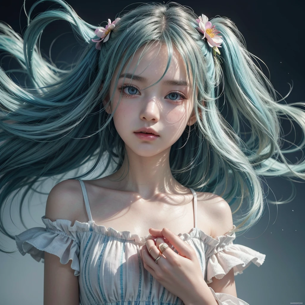 (masterpiece), (best quality), (ultra detailed),(disheveled hair),(illustration), (1girl), (Fashionable clothing), standing, Fashion model, looking at viewer, (interview), (simple background),beautiful detailed eyes, delicate beautiful face, Floating,(high saturation),(colorful splashes),colorful bubble,(shining), focus on face,  ponytail, kamisato ayaka, light blue hair, bangs, hair ring, floating flowers, floating hairs, (shining), best lighting, best shadow,great feet