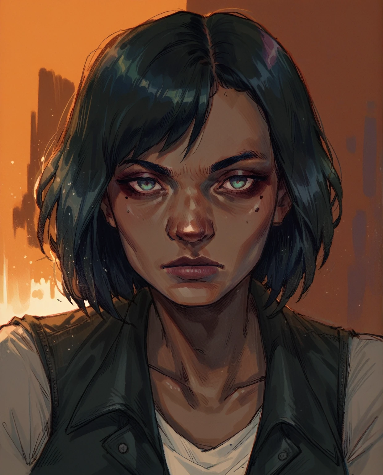 score_9, score_8_up, score_7_up, score_6_up, score_5_up, score_4_up, T0n1, 1girl, colorful, short hair, dark makeup, blurry window in background
