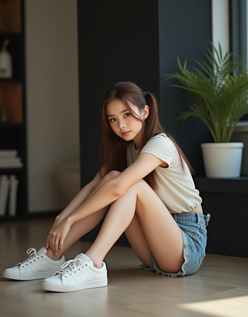 Cute 18-year-old girl, god, Short Girl, A slim body, Revealing clothing, Cute clothes, skimpy clothes, detailed face, beautiful eyes, long eyelashes, cute expression, Minimalist interior, dark-toned interior, photorealistic, 4K, high quality, hairstyle two ponytails, Short skirt, sneakers, sitting on the floor, side view