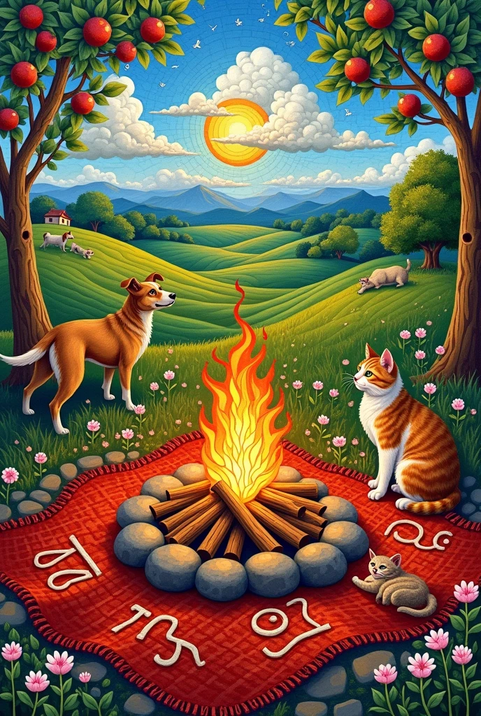A mosaic with a bonfire blanket sign of Taurus and Virgo, field with pasture and fruit trees, animals dog and cat