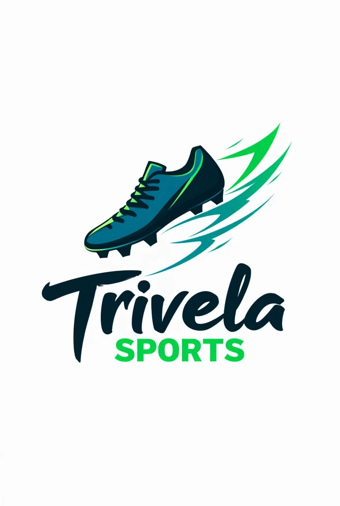"Design a modern and dynamic logo for a sports channel called 'Trivela Sports'. The main focus of the logo should be a stylized football boot., capturing the moment of a trivela kick, where the boot is tilted outwards, as if spinning the ball. The design should incorporate sporty and dynamic elements, with vibrant colors like blue, green and white, symbolizing energy and movement. The name 'Trivela Sports' must be integrated into the logo in a harmonious way, using a sporty and contemporary font."