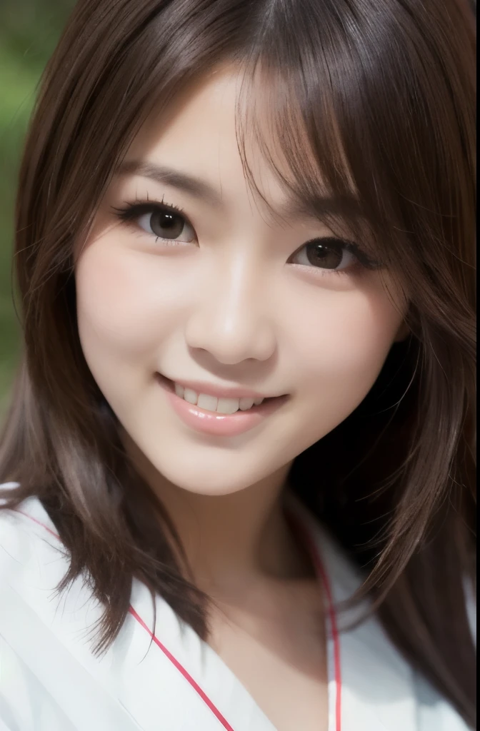 best quality, face focus, soft light, ultra high res, (photorealistic:1.4), RAW photo,(Shinozaki Ai), white skin, kawaii, 1 Japanese girl, solo, cute, (smile), (pupil, lights in the eyes),  detailed beautiful face, Medium-sized breasts,(high resolution detail of human skin texture),(long hair),(portrait), upper body, white traditional kimono