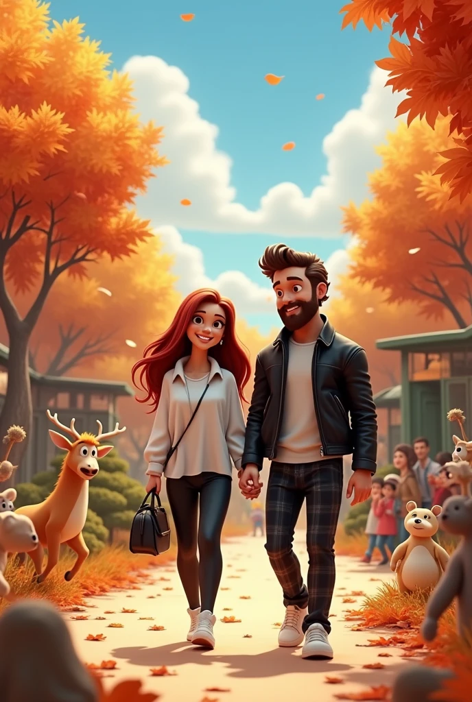 Disney 3D couple in autumn at the zoo!
The woman wears a fat white shirt with black pants!
White shoes on his feet! Bag in hand !
He has green eyes, She has dark red luscious long hair!
Male appearance!!!
He has brown hair, brown eyes, and a thick brown beard ,He is wearing a black leather jacket ,black falmer pants and white shoes!