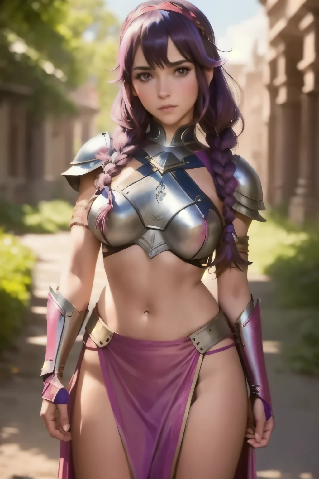 lapis fe, 1girl, solo, looking at viewer, blush, bangs, gloves, upper body, braid, hairband, outdoors, parted lips, sky, day, hand up, pink eyes, armor, tree, covered navel, blurry background, hand on own chest, shoulder armor, side braid, breastplate, red armor