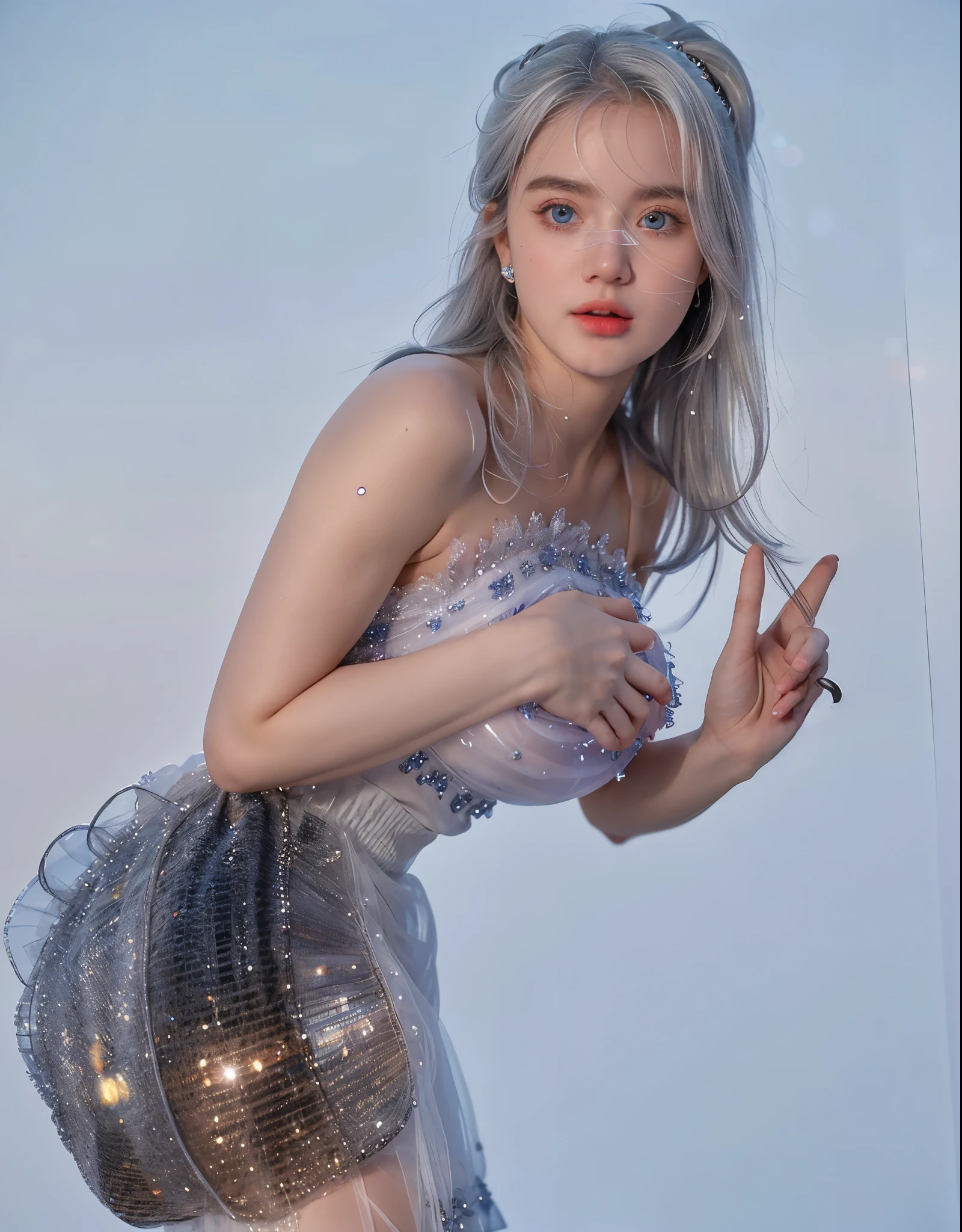 Georgeous, Beautiful, Cute, Baby Face, 18 Years Old, White Skin, Cleavage, ((Large Colossal Breast:1.3)), Sleeveless, Off Shoulder, Strapless, ((Transparent:1.3)), ((White Long ta Dress)), (Embroidery), Posing, ((Silver Hair)), ((Bright Blue Eye)), ((Muscles:1.2)), ((Bokeh:1.3)), Animal Farmer Background, Masterpiece, Twintails, Arms Up