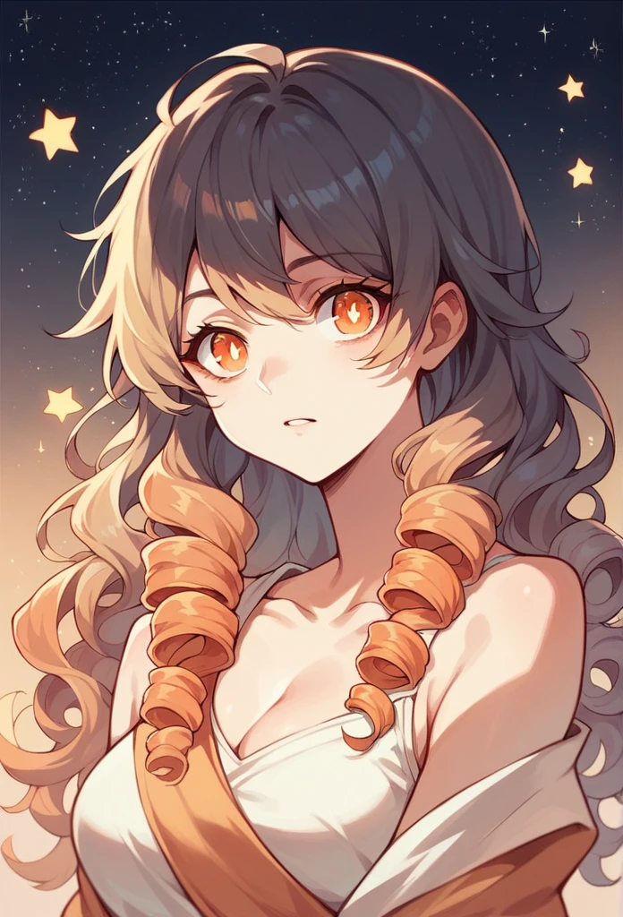 An anime woman with stars for pupils, orange eyes and hair, long hair with curls in the back