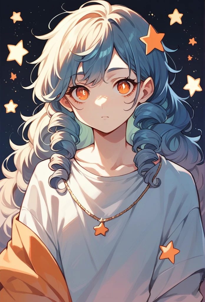 An anime woman with stars for pupils, orange eyes and hair, long hair with curls in the back