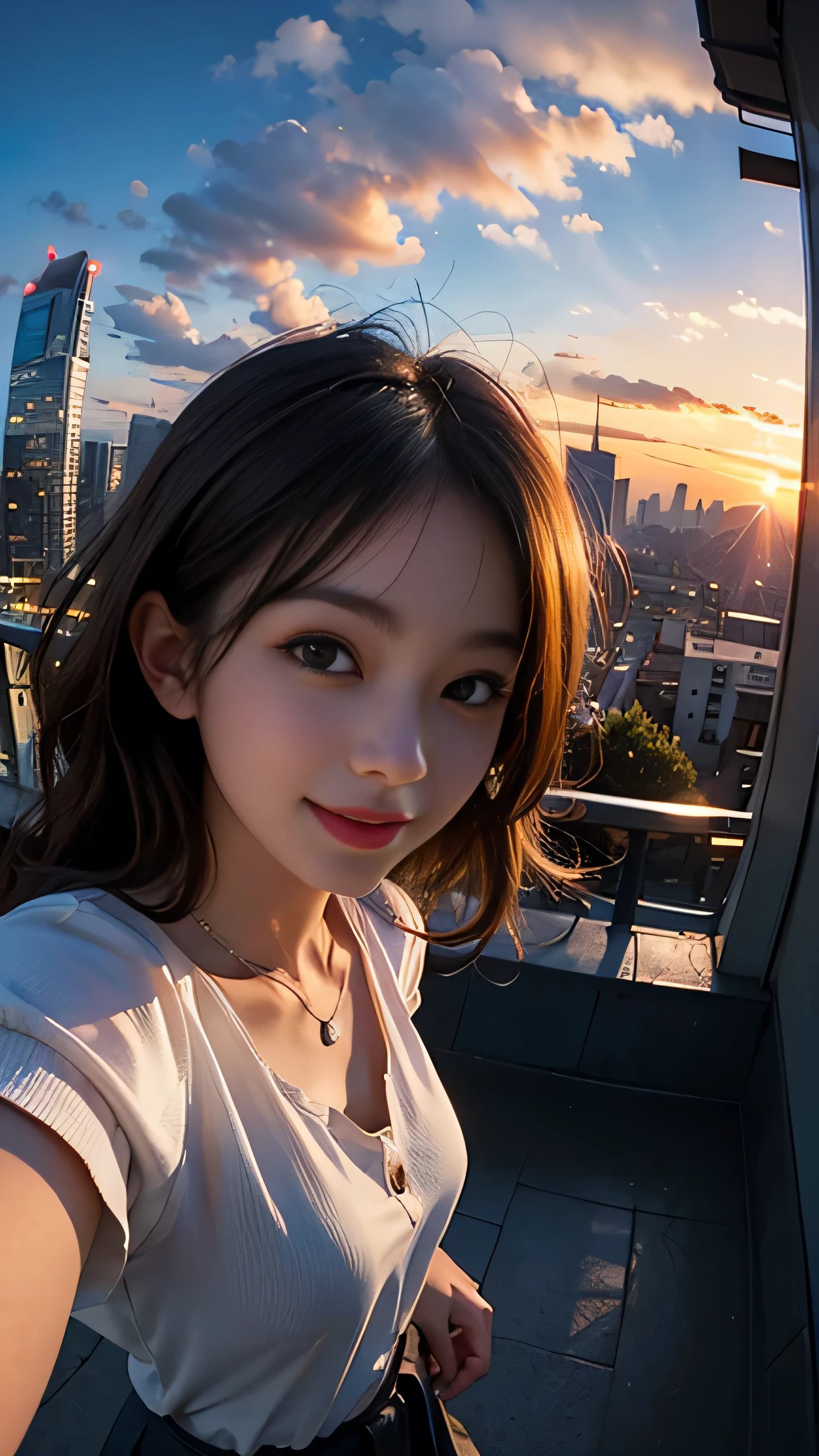 One girl, Korean, Fisheye Lens, Selfie, Wind, Messy Hair, sunset, Cityscape, (Aesthetics and atmosphere:1.2),smile
