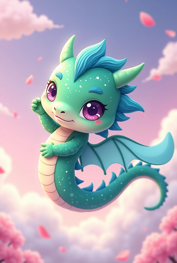 Create a Japanese dragon, in chibi style, flying high, transforming.