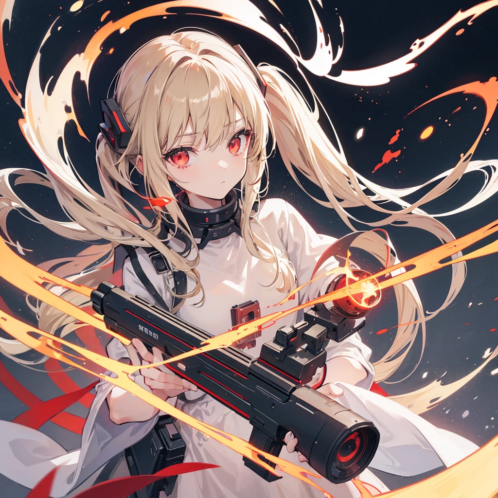 High resolution, One person, solo, Long Hair, Twin tails,Red eyes,Beige hair,
Highest quality, masterpiece, High-resolution model, Long Hair, Shiny Hair, Sparkling eyes, Lonely, Expressionless,Simple Background, flame,Illustration, APEX,gun,ruins,