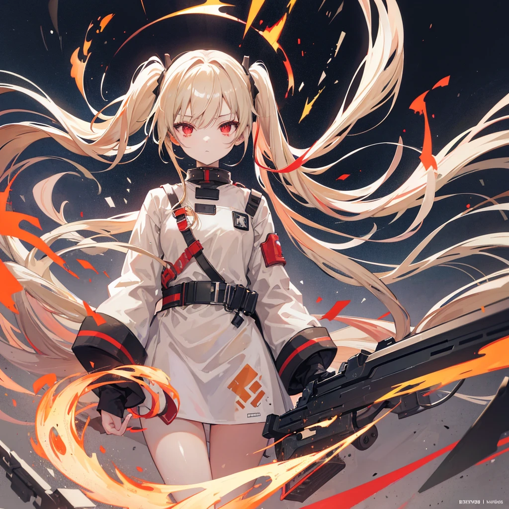 High resolution, One person, solo, Long Hair, Twin tails,Red eyes,Beige hair,
Highest quality, masterpiece, High-resolution model, Long Hair, Shiny Hair, Sparkling eyes, Lonely, Expressionless,Simple Background, flame,Illustration, APEX,gun,ruins,