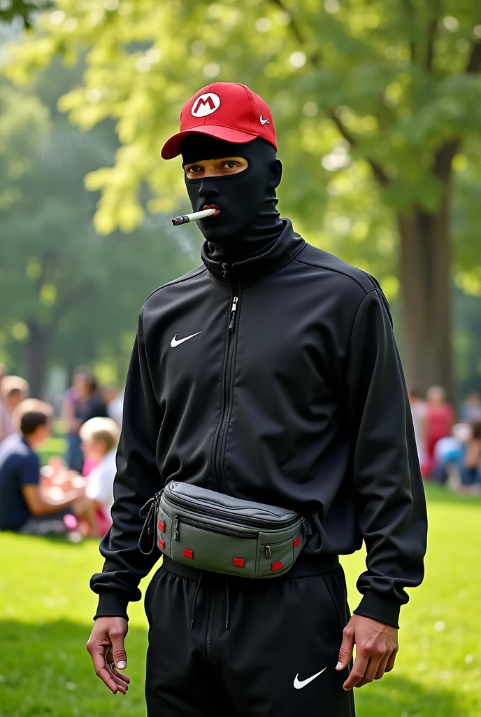 a picture in a park where a dangerous-looking man with a balaclava and a joint in his mouth, the man is wearing a Nike tracksuit, and a belly bag he has a deep cap in the Super Mario style