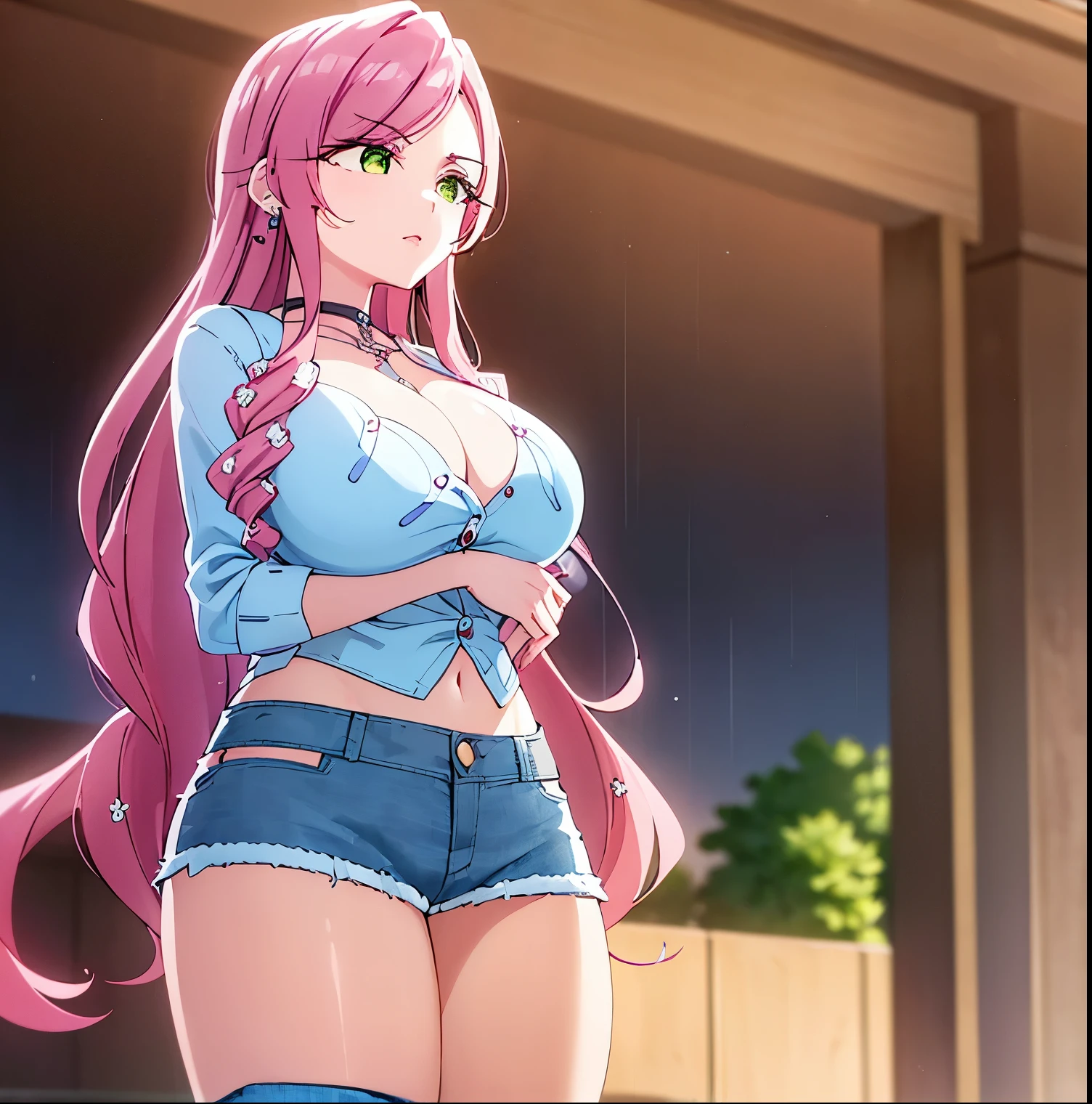 ((1girl)), ((alone)), Hahari Hanazono, (masterpiece), (best quality), (ultra detailed), (best illustration), (best shadow), (absurdities), sharp focus, cowboy shot , atmospheric perspective, depth of field, dynamic posture looking at the viewer, large breasts, narrow waist, wide hips, wide thighs, round butt, erotic, romantic, (very detailed eyes, lips 1.1), very detailed eyes, eyes, very face detailed, Very beautiful face, Symmetrical face, Aesthetic face, perfect face, perfect eyes, detailed eyelashes: 1.5), full height, beautiful slender figure, femininity, expressive appearance, elastic big breasts, sexuality, (green eyes: 1.2), hair pink, flower, hair flower, jewelry, breasts, solo, cleavage, ring, (tight pants), long hair, bracelet, choker, ((denim shorts:1.5)), (false nails), (pink nails:1.3 ), shirt, (earrings: 1.3), v, denim, (blue plaid shirt: 1.4), collared shirt, waist, navel, nail polish, beaded bracelet, beads, black choker, curves, defined body, Body perfect and beautiful, perfect and beautiful, closed mouth, neutral expression, serious face, blush, (sexy pose: 1.2), ((alone)), standing: 1.3,((outdoor, light reflection, cityscape, streets, city, night, rainy landscape, day)), looking forward, ((focus on hips)), point of view: (from below), perfect anatomy, perfect hands