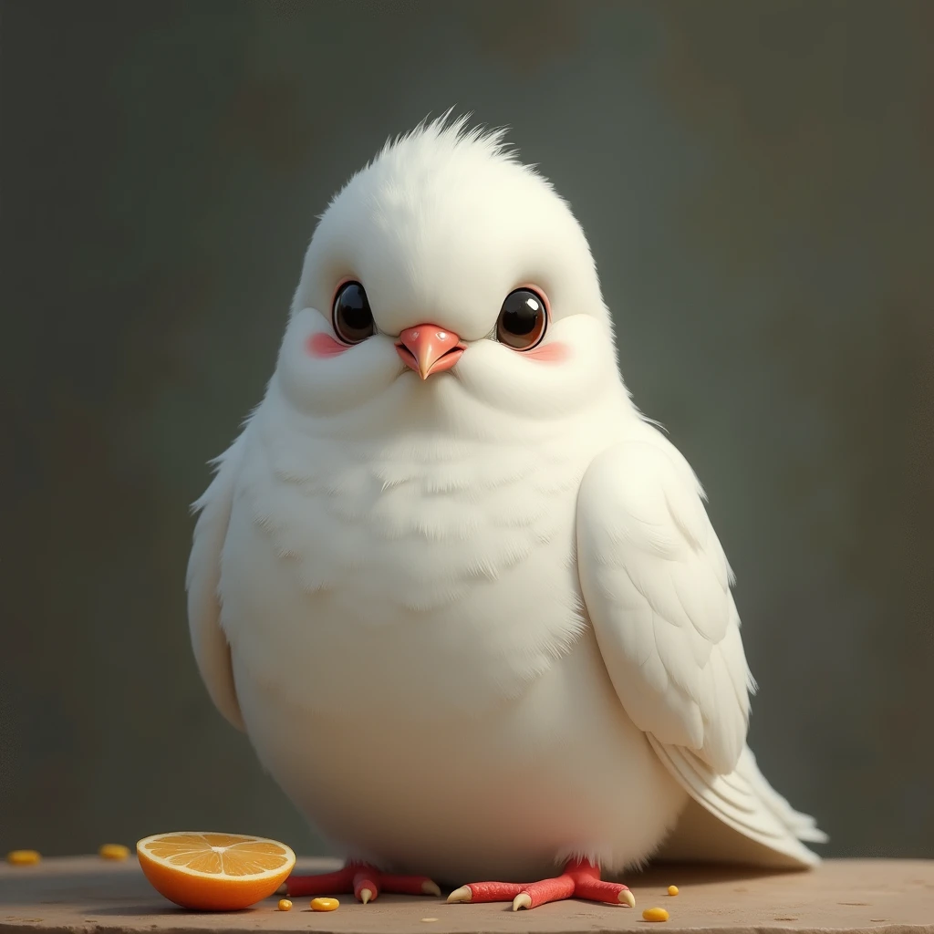 Fat sad realistic white pigeon looking for food