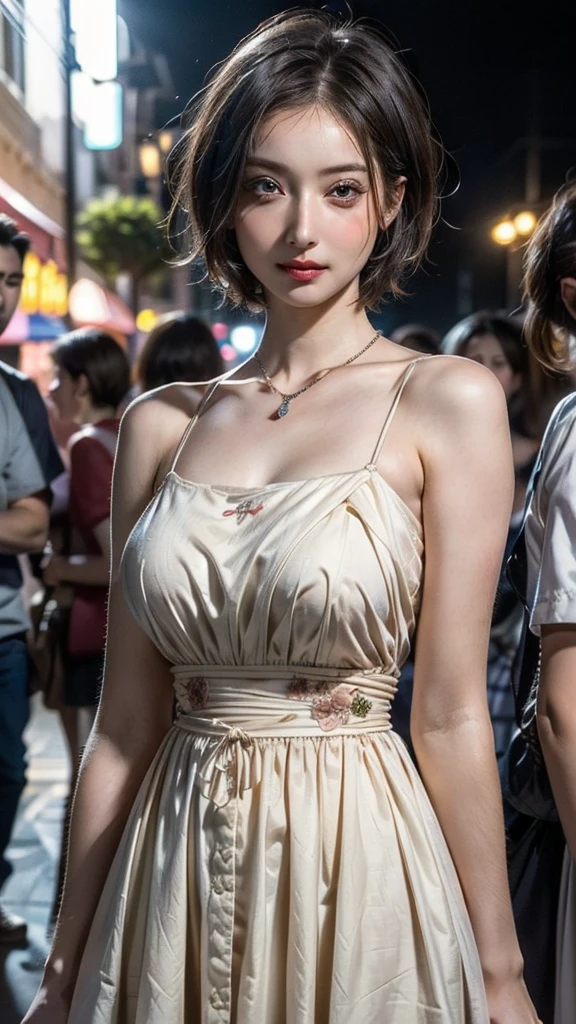 ((Beautiful Face:1.4)), (Purelos Face_v1: 1.0), Highest quality, One person, (Skin Dentition), (Natural Huge big breasts:1.0), (Blur the background:0.6), At a crowded amusement park, (Casual yet stylish, Elegant fabric,fローラl dress:1.5 ), nice, (short hair:1.5), Soft lighting, Wind, (Front light:1.5), surprised, 