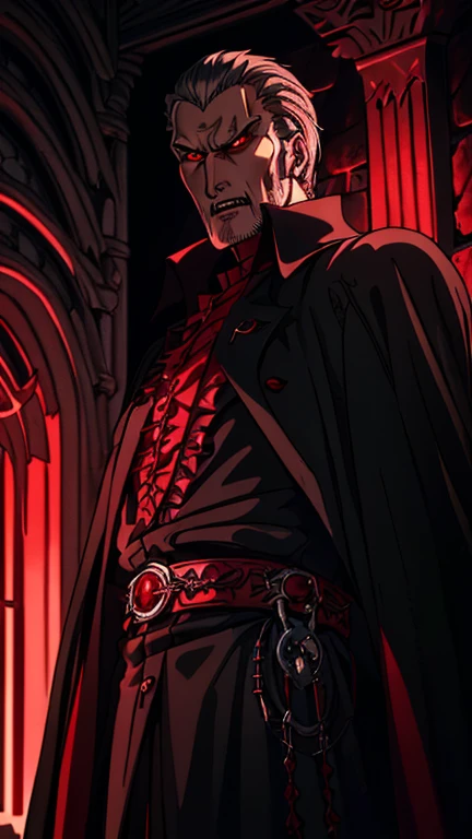 (1boy, ChristopherLee_Dracula), (extremely detailed CG unit 8k wallpaper),(master part), (best quality), (ultra detail), (best illustration),(wanostyle), cowboy shot, (Sharp eyeliner, ombre, detail eyes), dark dungeon interiors background, ,break , (vamptech), vampire, red eyes, fangs, baring fangs, bloody, 