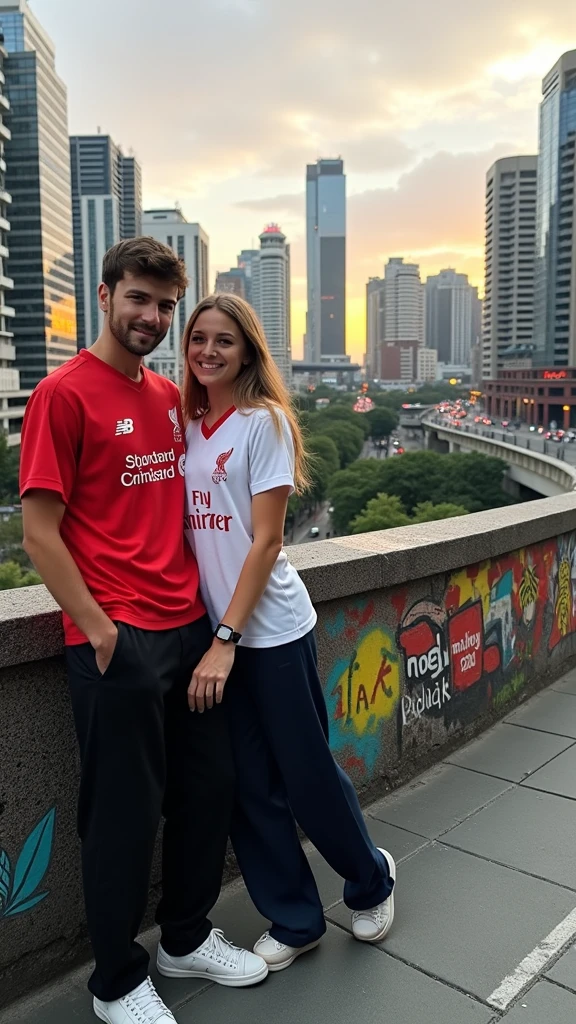 A 22 years old boy, who wear a Liverpool Jersey.. And and a 20 years girl who wear a real madrid 2024 home kit Jersey.. They are couple and
They click aesthetic pic