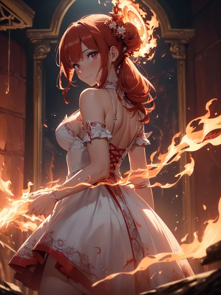 (((best quality, sharp image, clear image, cinematic lighting, 8k resolution, masterpiece, ultra detailed, intricate))) Girl, (((looking over right shoulder))), (shot from behind), ((half shot)), fiery red hair, pigtails, (white dress), ((flaming sigils, flaming runes)), spiky rock formations, (flaming lotus flowers frame), busy background, translucent fire, (swirling flames), smiling