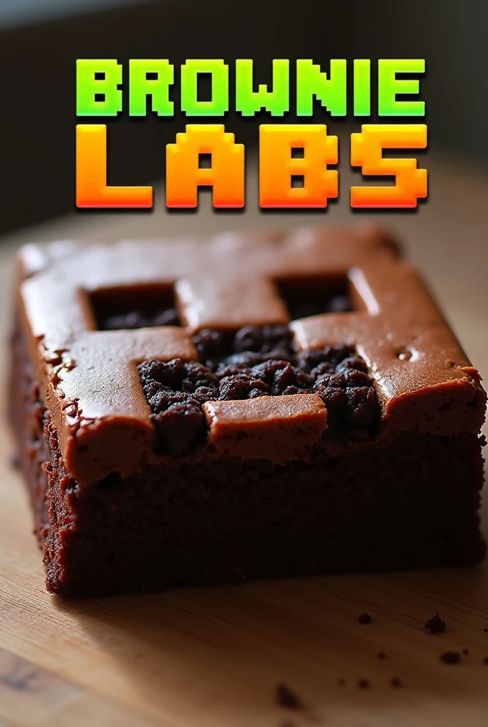 Crie uma imagem de um brownie com o rosto do creeper do Minecraft, with the left eye bitten, and on top of the image it must be written BrownieLabs, with Brownie in red and Labs in yellow and all in a green border