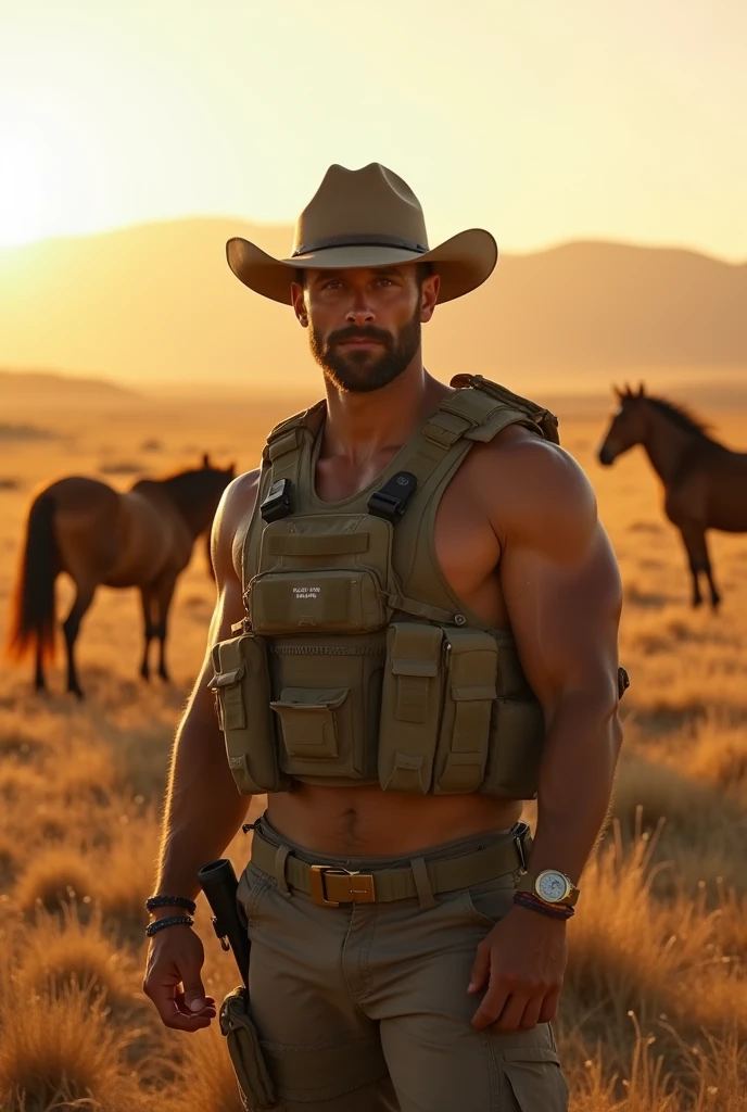 (best qualityer, 8k, work of art :1.3), US Navy Seal, front camera, cinematic lighting, cowboy shot, Captured by Fujifilm XT3, Zeiss Lenses. he's in a field with horses