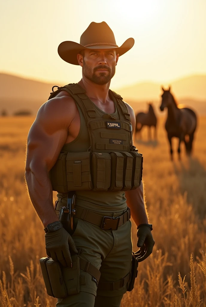 (best qualityer, 8k, work of art :1.3), US Navy Seal, front camera, cinematic lighting, cowboy shot, Captured by Fujifilm XT3, Zeiss Lenses. he's in a field with horses
