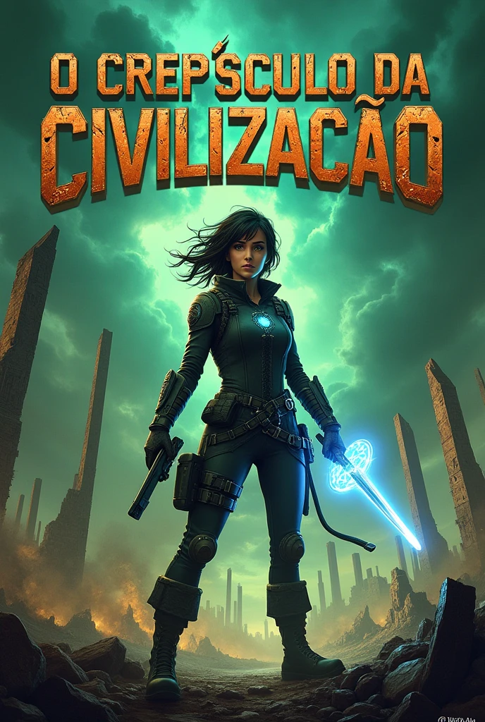 A book cover for a post-apocalyptic novel titled 'O Crepúsculo da Civilização'. The background features a city in ruins, with crumbling buildings and debris scattered across a desolate landscape. In the foreground, a young woman with determined eyes and messy hair, wearing a mix of tactical gear and mystical elements, stands ready for battle. She is holding a staff glowing with magical energy in one hand, and a futuristic device in the other. Dark storm clouds gather above, with a faint, eerie greenish glow hinting at the presence of magic. The title 'O Crepúsculo da Civilização' is written in bold, metallic letters with a distressed texture, and the author's name is placed below in a more subdued font.