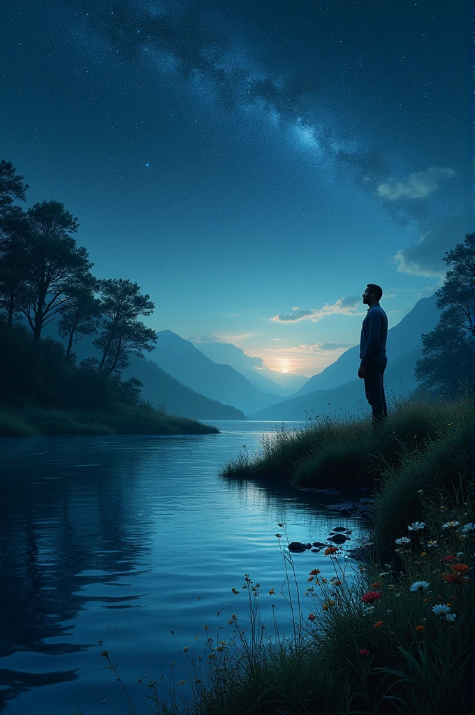 Biblical history: a man on the edge of a river on a beautiful night smelling of stars in the sky