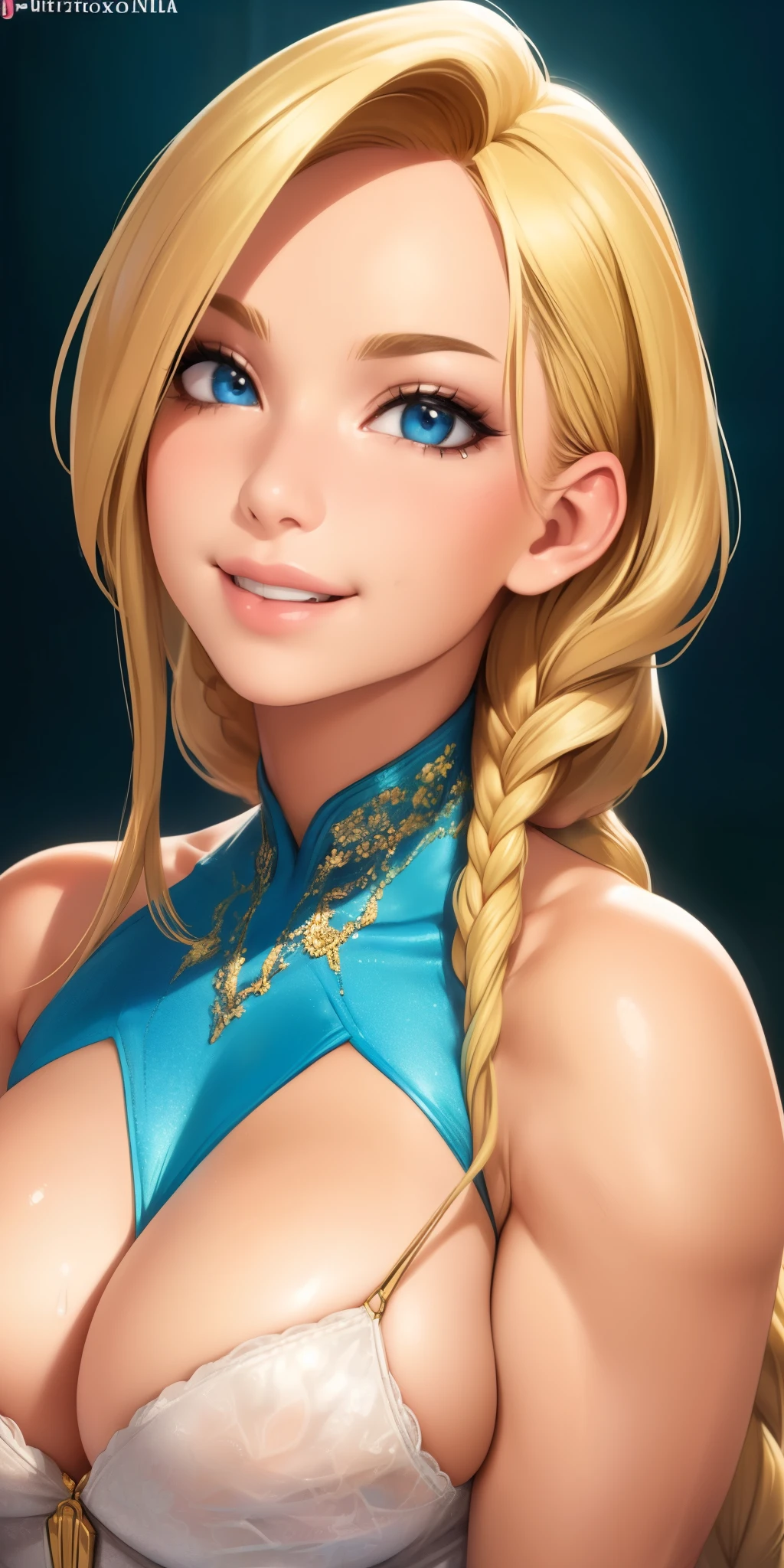 (best quality, ultra-detailed, photorealistic: 1.39), bright and vibrant colors, studio lighting, romantic expression, love smile, Beautiful blonder hair, long braided hair, muy voluptuosa, teen, medium breast, cleavage