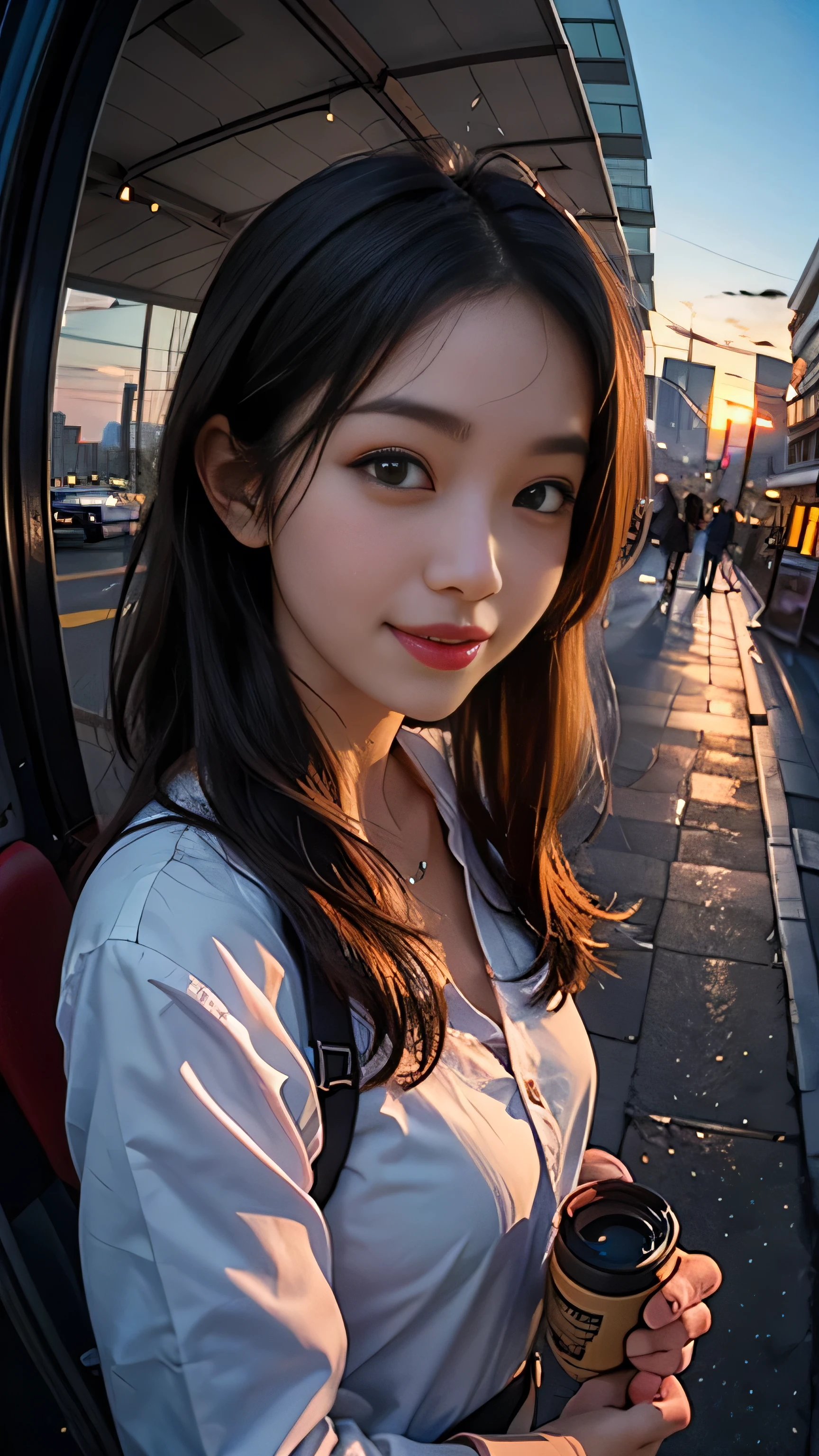 One girl, Korean, Fisheye Lens, Selfie, Wind, Messy Hair, sunset, Cityscape, (Aesthetics and atmosphere:1.2),smile