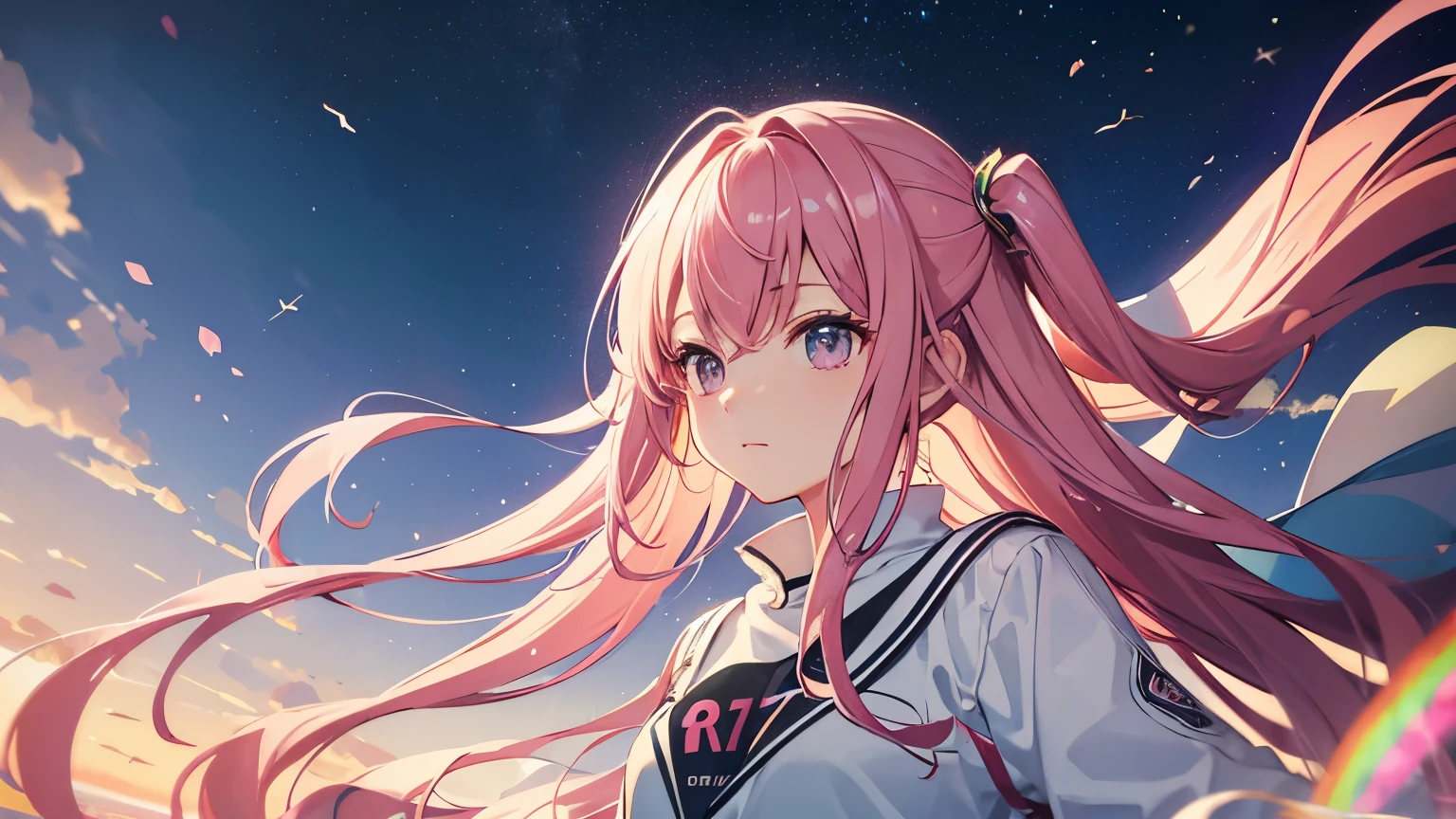 Masterpiece、One Girl、Pink Hair、Long Hair、Casual clothing、A composition in which the subject looks into a camera placed on the ground.、Hair is attracted to gravity、Countless rainbow-colored space battleships fly in the sky.