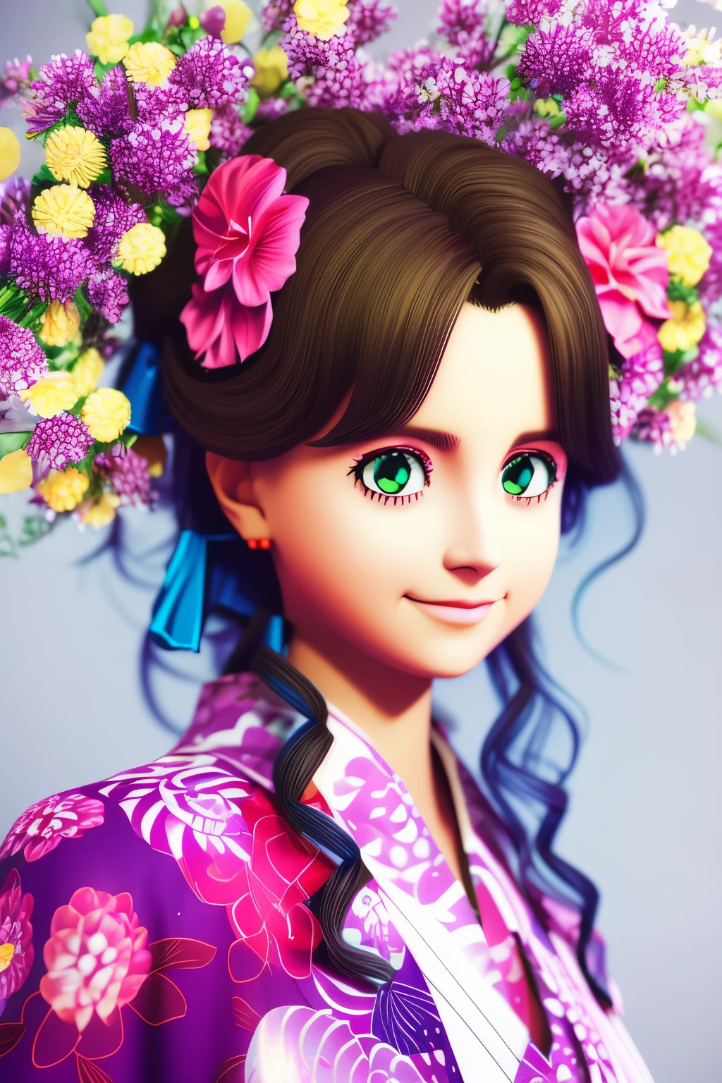 arafed woman in a kimono with flowers on her head, beautiful digital artwork, beautiful digital illustration, beautiful digital painting, gorgeous digital painting, artwork in the style of guweiz, photorealistic anime girl render, smooth anime cg art, beautiful digital art, great digital art with details, stunning digital illustration, detailed digital anime art, render of april, beautiful anime portrait